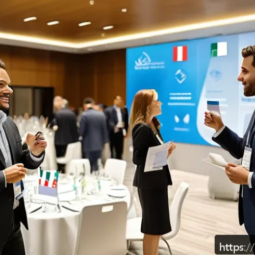 공인중개사 자격증의 취득 후 글로벌 활용법 - A professional international real estate networking event scene, featuring diverse real estate agent...