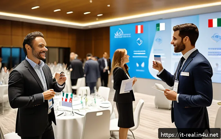 공인중개사 자격증의 취득 후 글로벌 활용법 - A professional international real estate networking event scene, featuring diverse real estate agent...