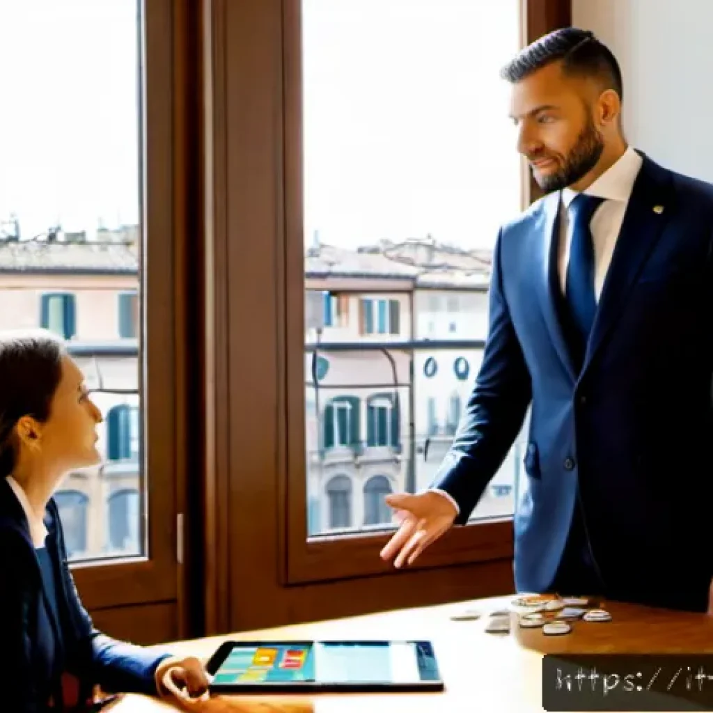 공인중개사와 부동산 관련 정책 변화 대응 방법 - Photorealistic Italian real estate agent in a tailored navy suit advising a young couple inside a br...