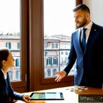 공인중개사와 부동산 관련 정책 변화 대응 방법 - Photorealistic Italian real estate agent in a tailored navy suit advising a young couple inside a br...