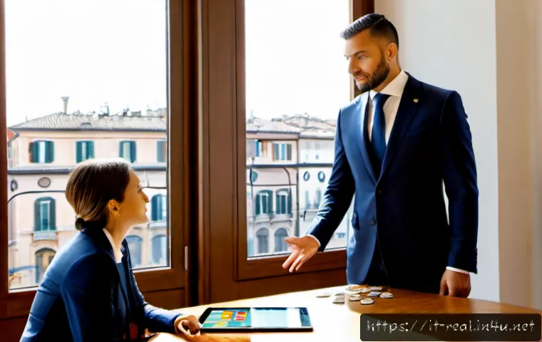 공인중개사와 부동산 관련 정책 변화 대응 방법 - Photorealistic Italian real estate agent in a tailored navy suit advising a young couple inside a br...