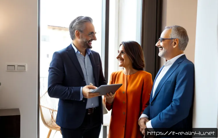 공인중개사와 부동산 고객 만족도를 높이는 방법 - Photorealistic Italian real estate agent warmly greeting a middle-aged couple at the entrance of a b...